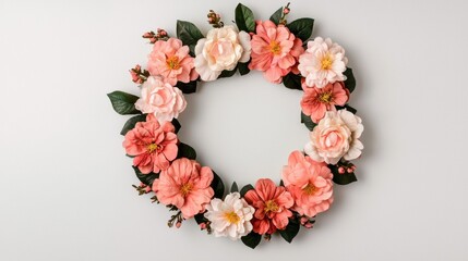 Spring Equinox day concept. Spring Equinox Wreath Circular Arrangement of Blooming Flowers and Foliage