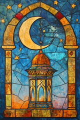 Obraz premium Stained glass artwork with crescent moon and stars in ornate archway