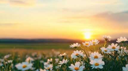 Fototapeta premium Spring Equinox day concept. Vibrant Blooming Daisies Basking in Warm Golden Sunset over Serene Meadow Landscape