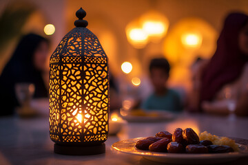 Traditional arabic lantern and dates on table at evening gathering, Ramadan iftar