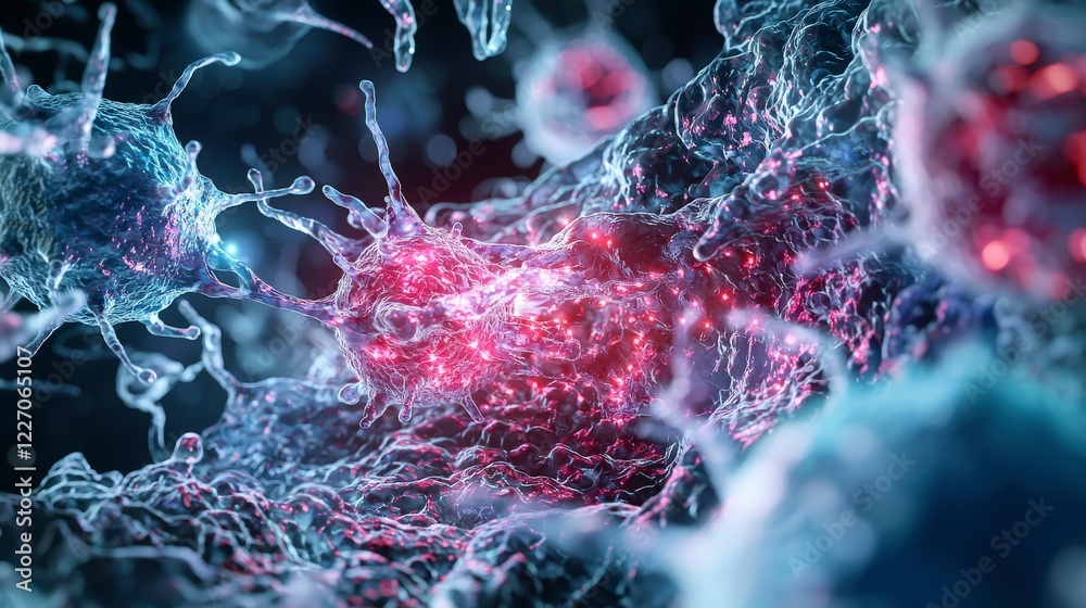 Poster microscopic cell communication laboratory hyperrealistic imagery scientific environment close-up bio