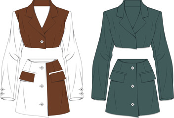 Stylish Women's Two Piece Suit Set Fashion Design Flat Sketch
