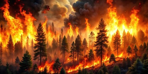 Naklejka premium Blazing inferno engulfing a dense forest, flames engulfing nature, destruction, flames engulfing nature