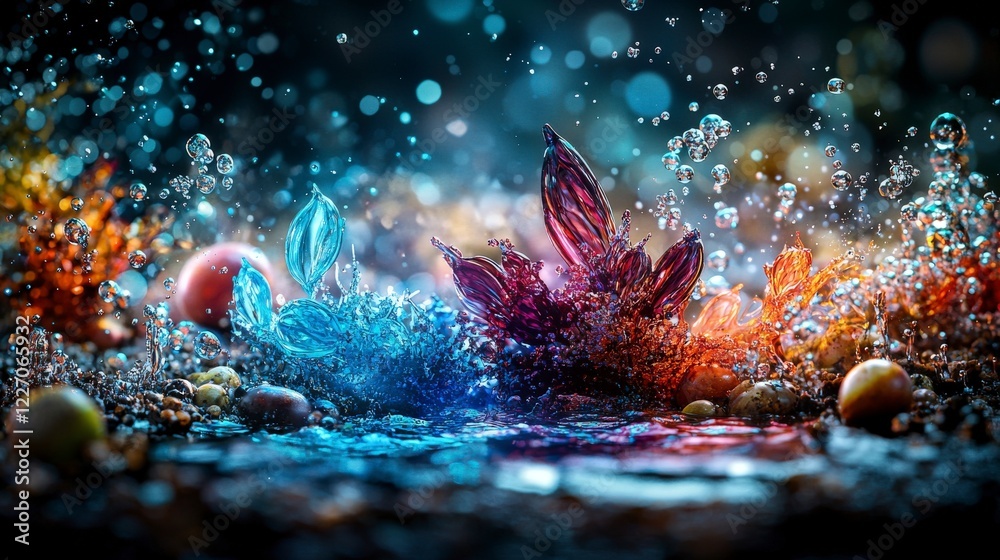 Poster Dynamic energy transformation in a metaphorical landscape abstract art underwater environment close-up view