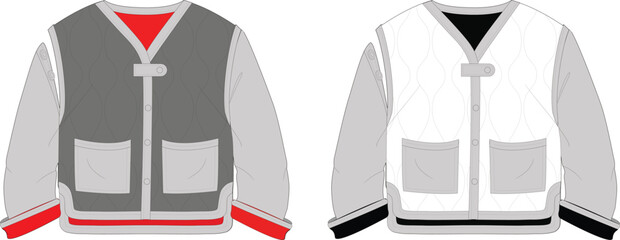 Quilted Jacket Design Template Gray White V-Neck Buttoned Pocket