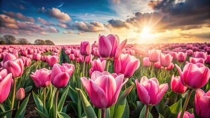 Sun-drenched pink tulips bloom in a vintage-styled, retro spring photograph.