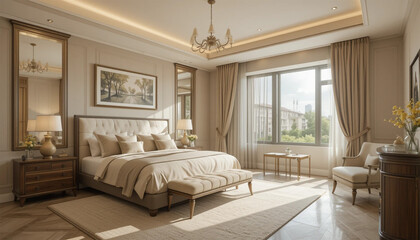 interior luxury apartment comfortable bedroom, Modern Hotel Room With Double Bed, Night Tables, Tv Set And Cityscape From The Window
