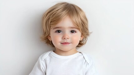 Fototapeta premium Toddler portrait, white background, happy expression, studio shot, child care