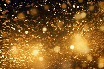 Naklejka premium Gold glitter texture on dark background. Golden explosion of confetti. Golden grainy abstract texture on dark background. Design element. 