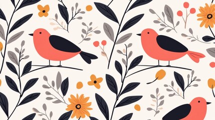 Spring Equinox day concept. Whimsical Springtime Floral and Avian with Playful Cartoon Elements