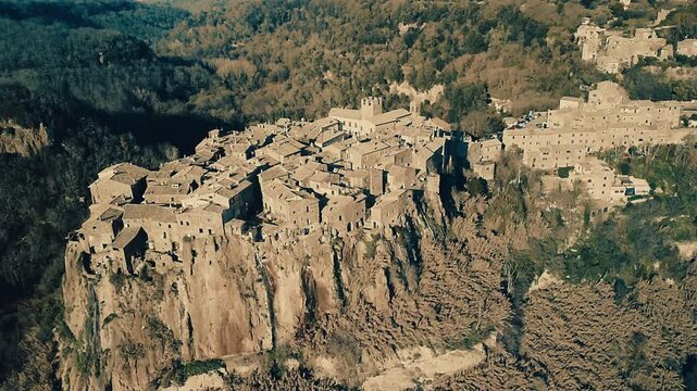 Drone View of the Village of Calcata once abandoned for its hard living conditions and nowadays populated by a flourish artistic community