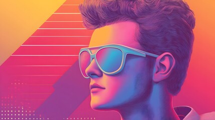 Retro-futuristic portrait, vibrant neon colors, stylish sunglasses, evokes a sense of nostalgia and modernity, ideal for creative projects.