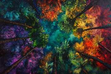 Overhead View of Jungle Treetops with Vibrant Colors