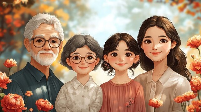 A heartwarming illustration of a multi-generational family enjoying an autumn day surrounded by blossoming flowers - Powered by Adobe