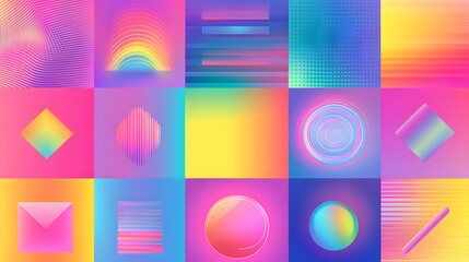 Colorful abstract patterns, vibrant geometric shapes in various hues blend seamlessly, perfect for digital backgrounds or design use.