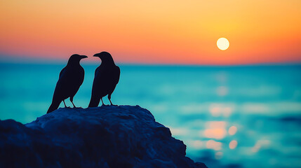 Naklejka premium Black crow standing on a rugged rock by the seaside during a stunning sunset 