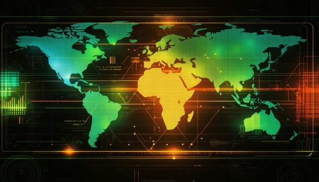 Digital World Map with Glowing Continents, Binary Code, and Data Visualizations on a Grid Background