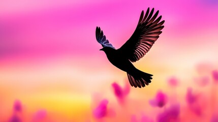 Fototapeta premium Bird in Flight at Sunset Over Purple Flowers
