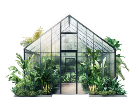 modern greenhouse with glass walls, filled with lush tropical plants, creating serene and vibrant atmosphere. greenery enhances beauty of structure, inviting nature inside