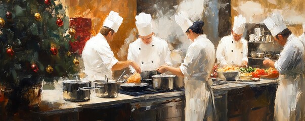 A team of chefs in white uniforms prepares a festive meal in a kitchen decorated with a Christmas tree. Warm lighting and a painterly style capture the culinary magic.
