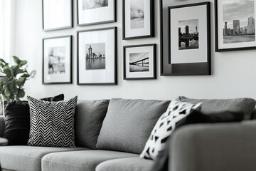 Modern living room featuring a grey couch adorned with patterned pillows and framed black-and-white photos