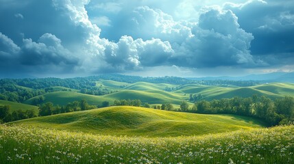 Fototapeta premium Tranquil Rolling Hills Wildflower Meadow Under Dramatic Sky