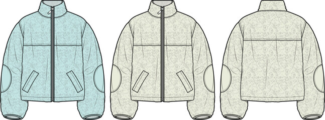 Women's Stylish Floral Print Fleece Jacket Flat Sketch