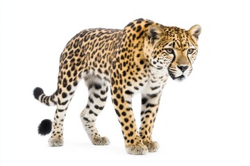 Obraz premium Majestic leopard strides on white backdrop