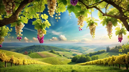 Papier peint photo Vignoble Vintage grapevine in full bloom with lush green leaves and delicate flowers surrounded by rolling hills and a bright blue sky, Au coeur de la vigne, rural  © Praphunsak