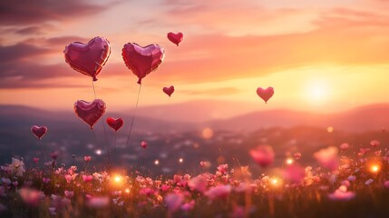 Fototapeta premium Floating hearts at sunset, romantic scene with colorful sky and soft clouds, perfect for love-themed projects and celebrations.