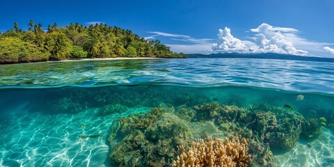 Fototapeta premium Tropical Island with Clear Blue Ocean and Vibrant Coral Reef. Lush Greenery, Calm Waters, and Sunny Sky. Split View of Underwater and Above Surface. Ideal for Travel, and Marine Themes. AI generated