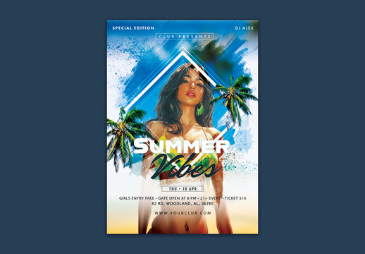 Summer Vibes Flyer with Modern Female Swimmer on Abstract Texture Background.