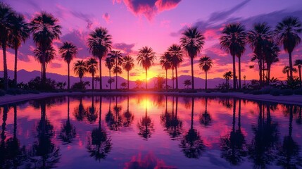 Obraz premium Tranquil Sunset Reflection Palm Trees and Vibrant Sky