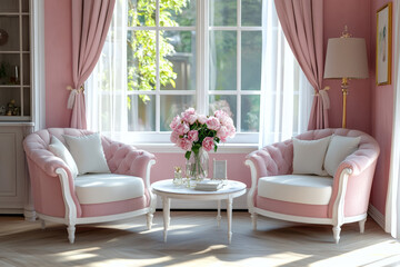 Elegant interior with pink armchair and pastel floral arrangement in a bright vintage-inspired living room setting