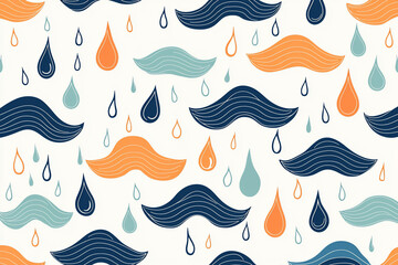 Colorful pattern featuring various mustaches and raindrops on a light background, ideal for playful designs