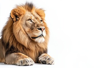 Obraz premium Majestic male lion rests, gazing upward.