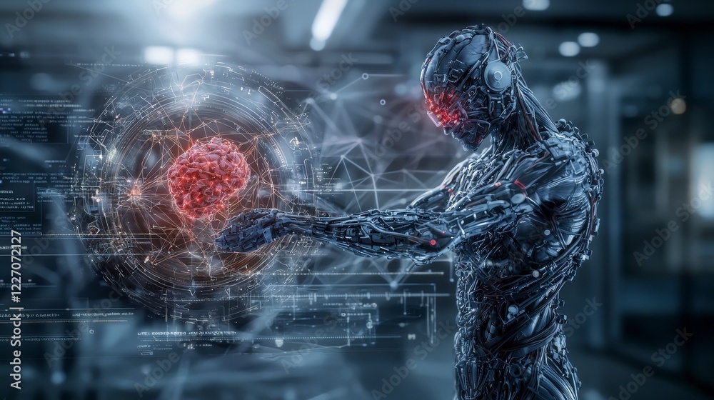 Poster Human enhancement futuristic robot in a high-tech lab digital art cyberpunk style futuristic setting