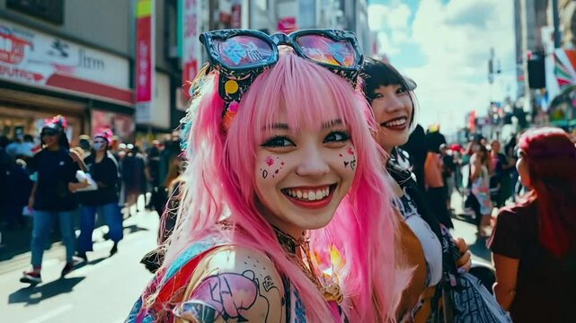 Japanese girls with colorful hair wig on a street