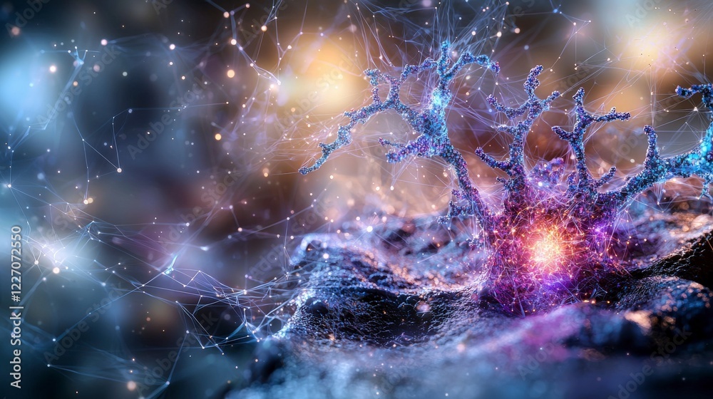Poster surreal representation of quantum entanglement in a cosmic landscape digital art abstract environmen