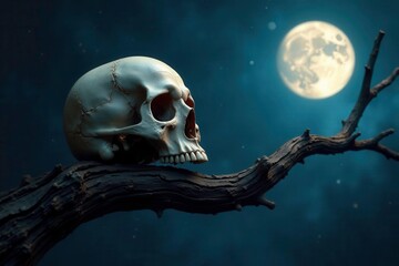 Skull rests on gnarled branch, moonlight casts eerie shadows, Twisted, Gnarled, Branch