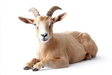 Obraz premium Adorable tan goat resting on white background.