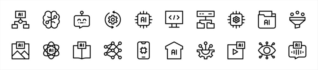 Set of artificial intelligence icons. 20 sets of artificial intelligence icons. Artificial intelligence icons. Simple line artificial intelligence icons	