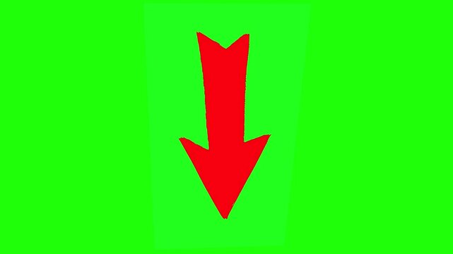 Looped repeated animation, Pointing red vector arrow down on green chromakey background
