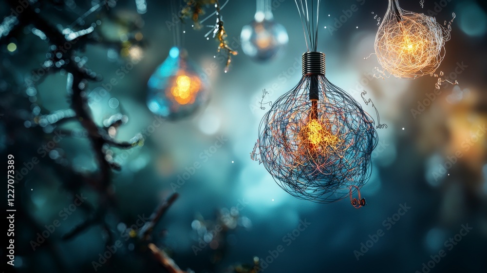 Poster Visualizing thoughts in a surreal forest scene with glowing lightbulbs fantasy environment dreamlike viewpoint