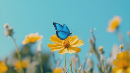 Blue butterfly resting on a yellow flower in a sunlit meadow