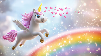 whimsical unicorn flying over rainbow, surrounded by hearts and sparkles