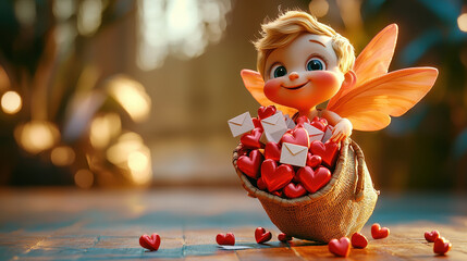 cheerful cartoon cupid delivering love letters with hearts