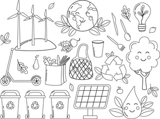 Doodle set with elements of ecology concept. Linear eco friendly illustration 