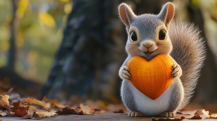 Obraz premium cute cartoon squirrel holding heart shaped acorn in autumn