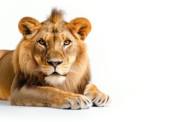 Obraz premium Majestic lion resting on white background